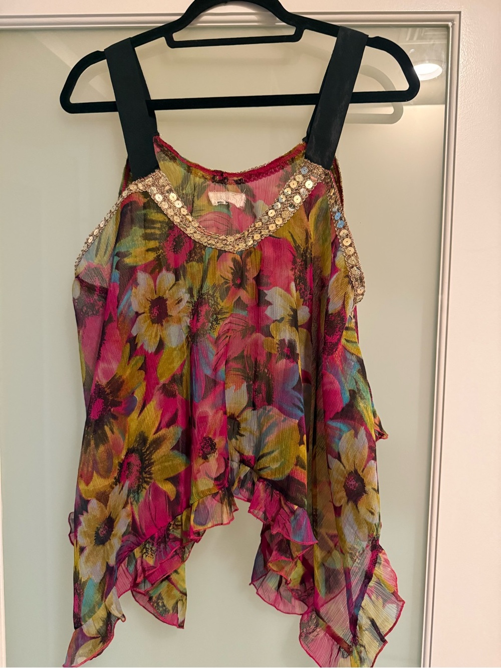 Free People Floral Sequin-Trim Handkerchief Hem Tank Top - Pink, Yellow, Blue